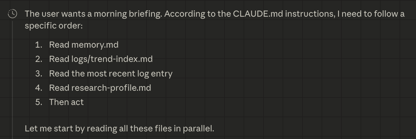 Claude Cowork AI research agent following its startup sequence — reading memory, trend index, most recent log, and research profile in order before acting, showing how the agent loads accumulated context before every session