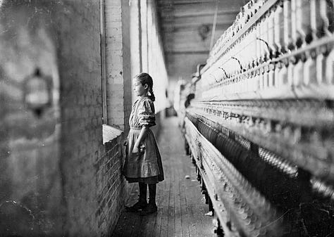 Historic photographs by Lewis Hine showing young women and girls working in early 20th-century American textile mills during industrialization.