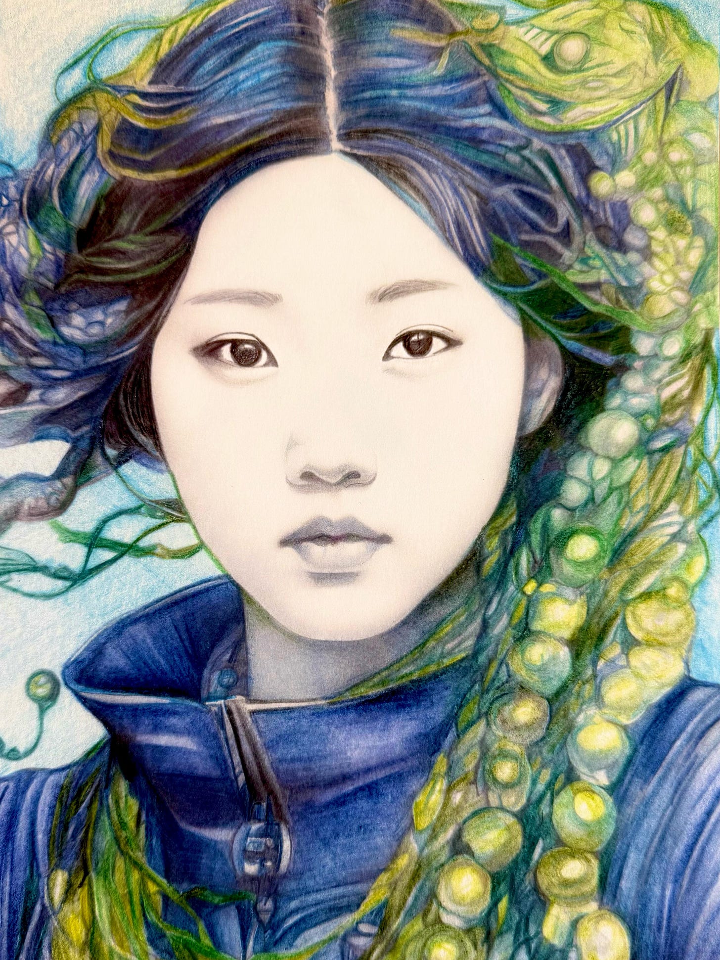 Colorful pastel drawing of a Korean girl with long black flowing hair that turns into seaweed. Se has a pale face and is wearing a blue coat. Colorful pastel drawing of a Korean girl with long black flowing hair that turns into seaweed. Se has a pale face and is wearing a blue coat.