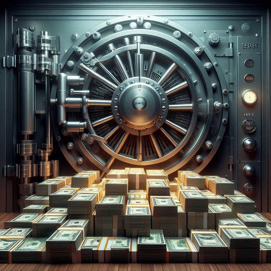 Una imagen de una boveda de un banco con fajos de billetes siendo resguardados