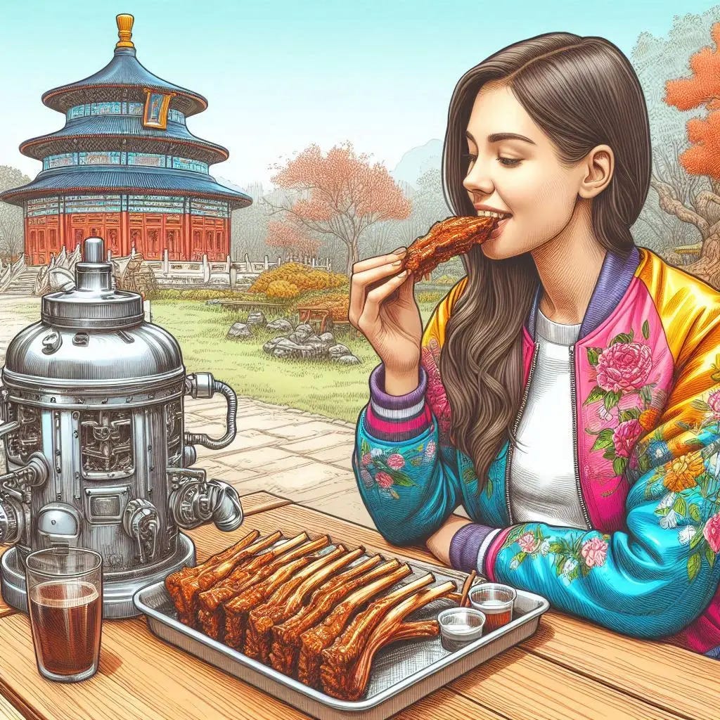 woman in colorful jacket eating ribs outside next to table with small metallic bioreactor, park, pagoda in background, drawing