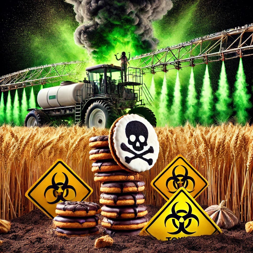A powerful visual showing Girl Scout cookies surrounded by toxic warning symbols, skull and crossbones, and chemical hazard signs. The cookies appear tainted, with dark green and black smoke rising from them, indicating contamination. In the background, there are large industrial sprayers spraying chemicals on wheat fields. The overall mood is dark and alarming, with a high contrast to make the toxicity theme stand out.
