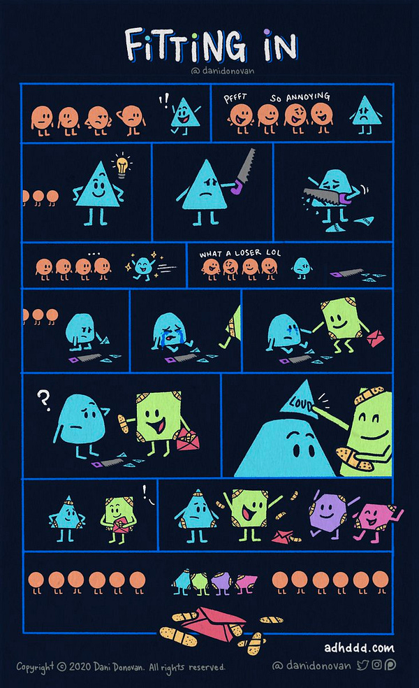 Triangle trying to fit in with orange circles. Saws off edges that say "loud" and "enthusiastic" to look more like a circle. They laugh and say "what a loser" and blue triangle sits crying on the ground. A green square approaches and pulls a bandaid out from a red envelope. It proceeds to re-attach the pieces and its other shape friends arrive wearing matching bandages. The last frame shows the bandage envelope on the ground, with all 4 friends hanging out in the middle of a crowd of sameness (oranges), content in their differences.