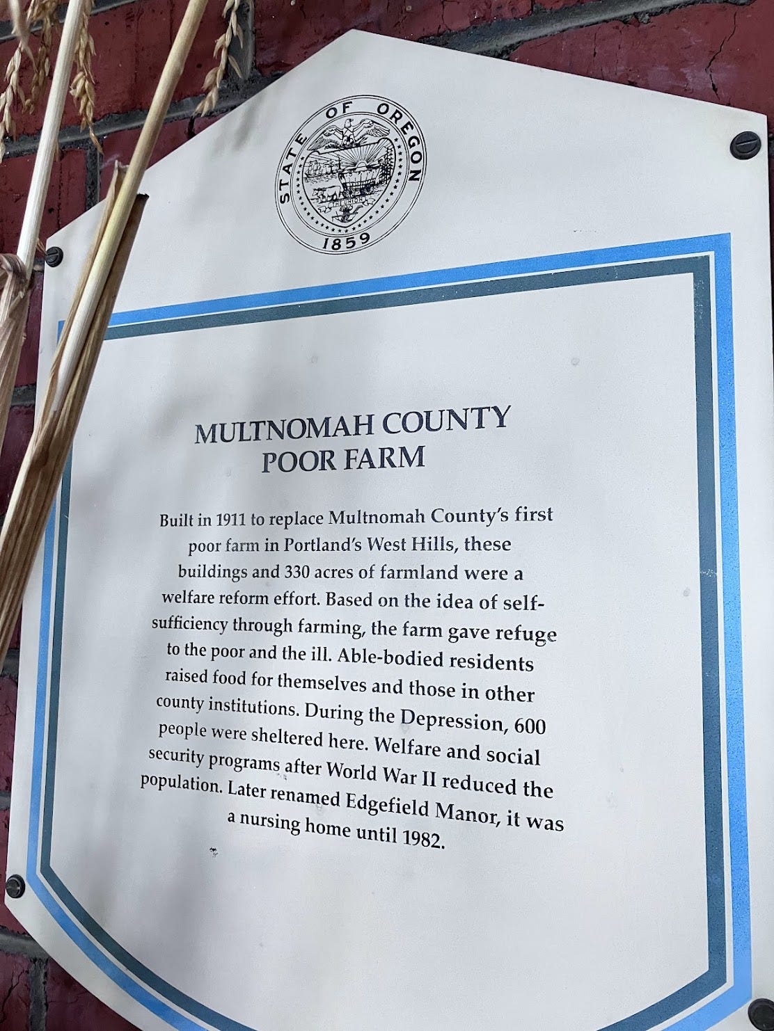 State of Oregon Seal 1859, Multnomah County Poor Farm description
