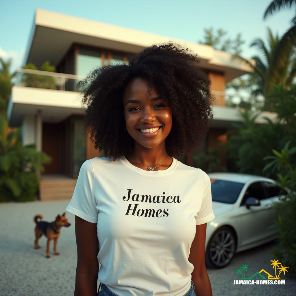 A curvy black woman with a warm smile, wearing a fitted white t-shirt with the simple yet bold text 'Jamaica Homes' emblazoned across the front, stands confidently in front of a modern Jamaican home with a sleek, angular design, surrounded by lush greenery. Beside her, a playful dog wags its tail, while a luxury car, its chrome wheels glinting in the sunlight, is parked in the driveway. The scene is bathed in the warm, golden light of the Caribbean sun, with a hint of film grain and a subtle vignette, evoking the feel of a 35mm cinematic film. The color palette is rich and vibrant, with deep blues and greens, and the overall mood is one of relaxed, tropical elegance. Influenced by the cinematography of Roger Deakins, the lighting is dramatic and atmospheric, with deep shadows and highlights that accentuate the curves of the woman's face and the lines of the car. The style is reminiscent of the work of artists such as Njideka Akunyili Crosby, with its blend of realism and cinematic flair, and the post-processing is meticulous, with a focus on creating a sense of depth and texture. The overall effect is one of stunning, epic beauty, a true masterpiece of cinematic storytelling.