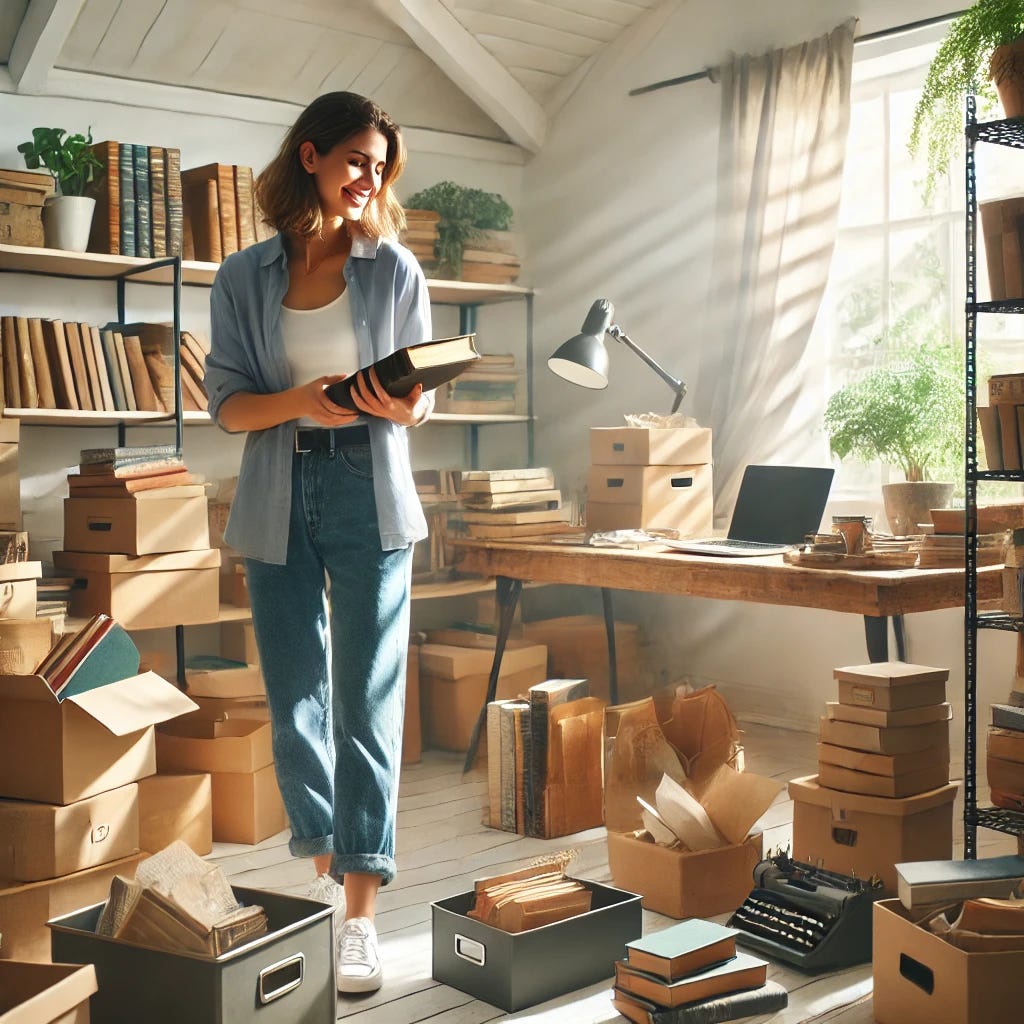 A cozy room with a person organizing their space, featuring neatly arranged shelves, boxes, and a desk. The person, wearing casual clothes, smiles as they hold an old book or item they just found. The room is bright, with sunlight streaming through a window, plants on the windowsill, and scattered objects being sorted. The atmosphere conveys a sense of discovery and satisfaction from tidying up and finding lost treasures.