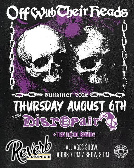 May be an image of text that says 'OffwitbCheirheads Offc Cheir heads summer 2026 THURSDAY AMGUST 6TH with Disrepair TBA LOCAL BANDS - Reverb LOUNGE ALL AGES SHOW! DOORS 7 PM SHOW 8 M ROOKIHEL'