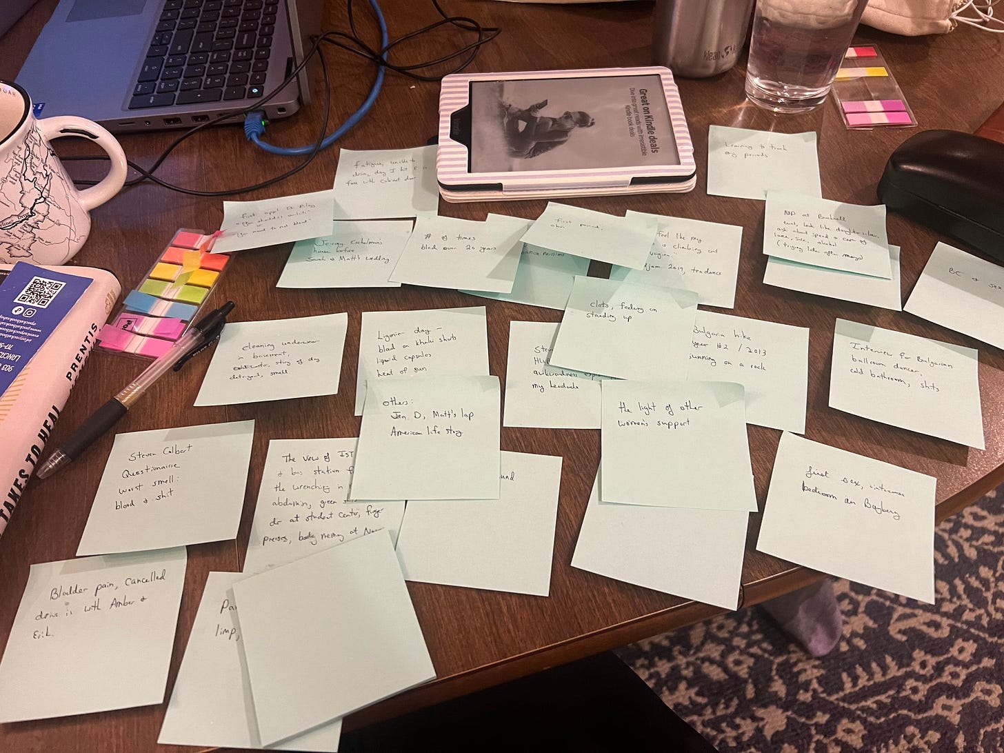 Dining room table covered in sticky notes