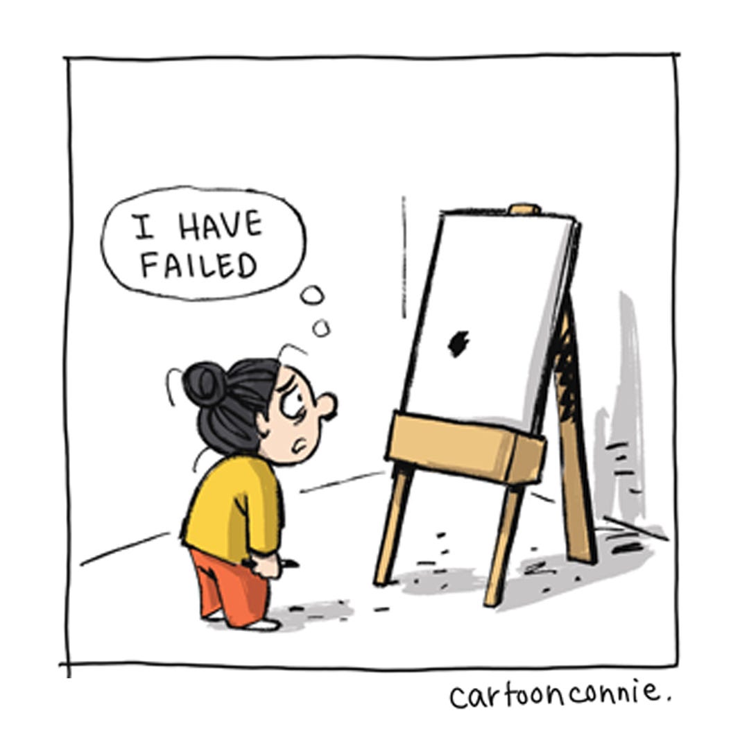 Panel 5 of a 6-panel comic showing a cartoon figure trying to capture an idea an artist easel and feeling like a failure when it doesn't live up to what she imagined. Titled "Artist Perseverance," 2026, by Connie Sun, cartoonconnie.