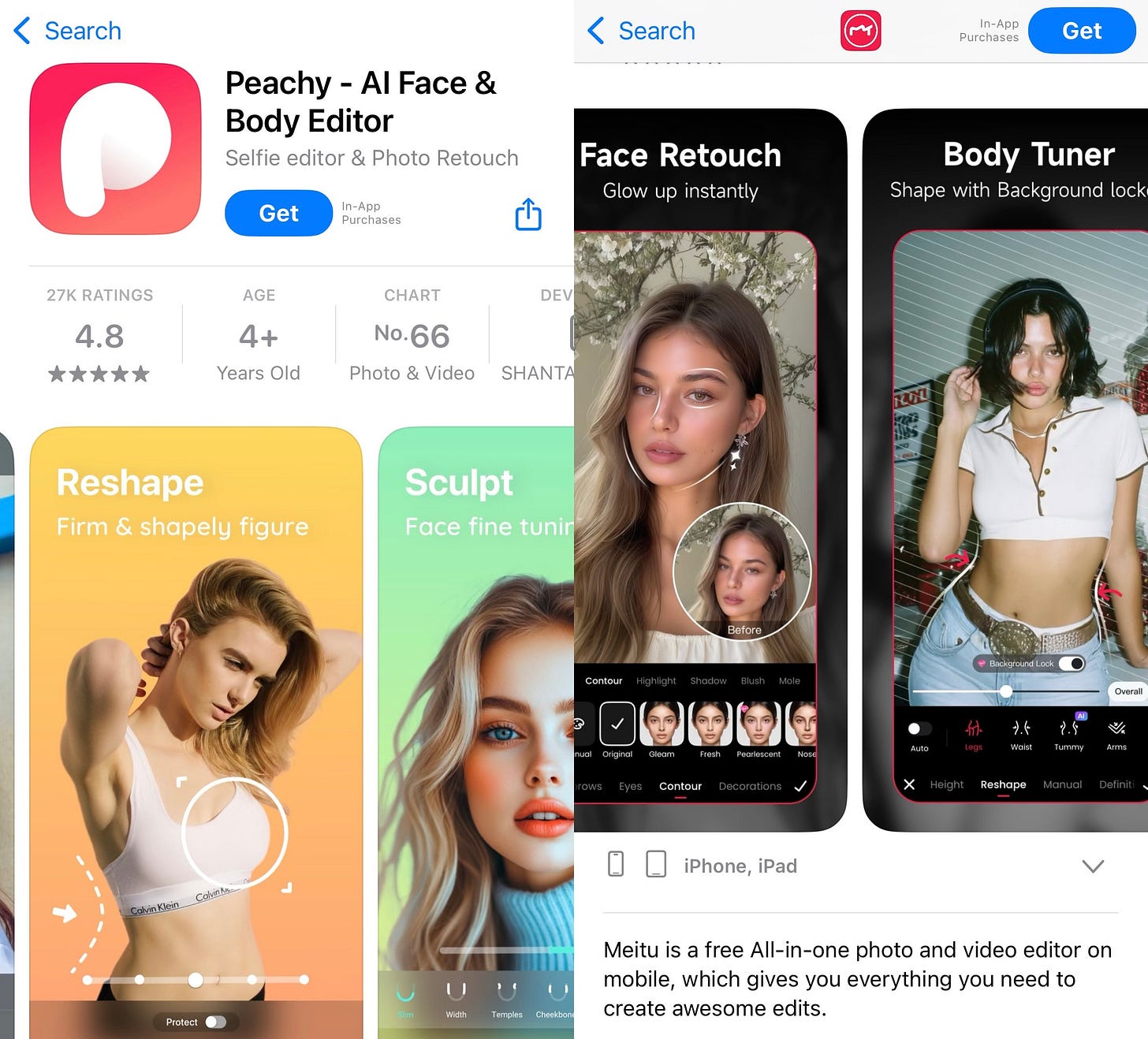 Screengrabs of Peachy & Meitu mobile app store listings