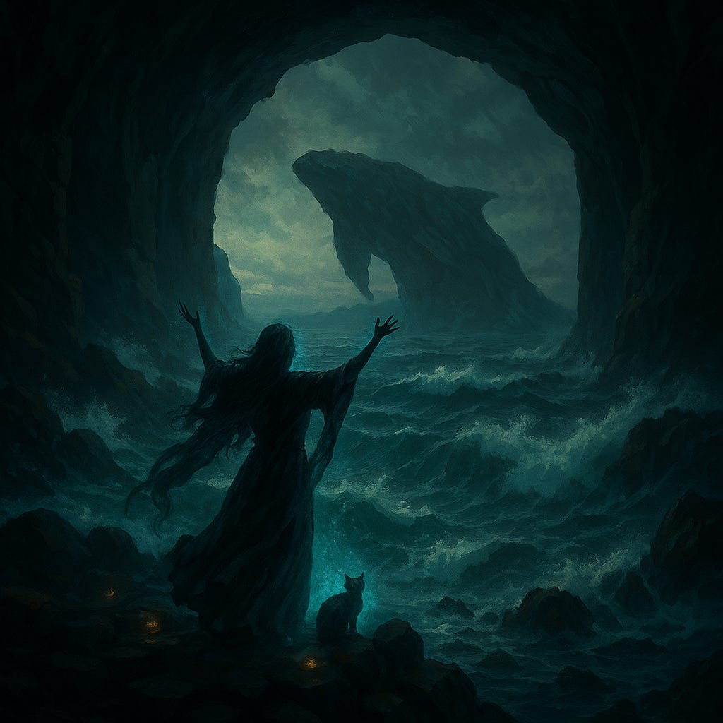 A dark, powerful woman with long silver hair rages in an ocean cavern, surrounded by crashing waves and petrified shells. The setting evokes ancient sorrow and celestial grief. A dark, powerful woman with long silver hair rages in an ocean cavern, surrounded by crashing waves and petrified shells. The setting evokes ancient sorrow and celestial grief.