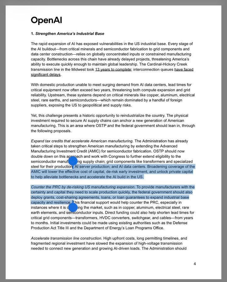 A screenshot of a four-page policy document titled Strengthening Americas Industrial Base discusses AI build-out from minerals to semiconductor fabs generating economic activity and addressing bottlenecks delaying projects threatening US AI leadership. It mentions the Cardin-Hyken Act and delays in securing infrastructure for AI data centers. The text covers critical rare earths semiconductors threatening explosion and grid stability requiring US supply chains for new generation manufacturing. It addresses manufacturing tax where OSTP and Congress have taken steps through double clicks on work with manufacturers to extend advisory to semiconductors lowering effective cost of capital for early investments unlocking private capital. The document advocates alleviating bottlenecks scaling production housed in US with government deployment grants where market just in loans for copper aluminum exposed steel rare earths critical mineral investments transforming HYDC entities like Defense Department. Fragmented regional finance construction high costs long transmission lines and Administration should connect new generation growing AI leads.