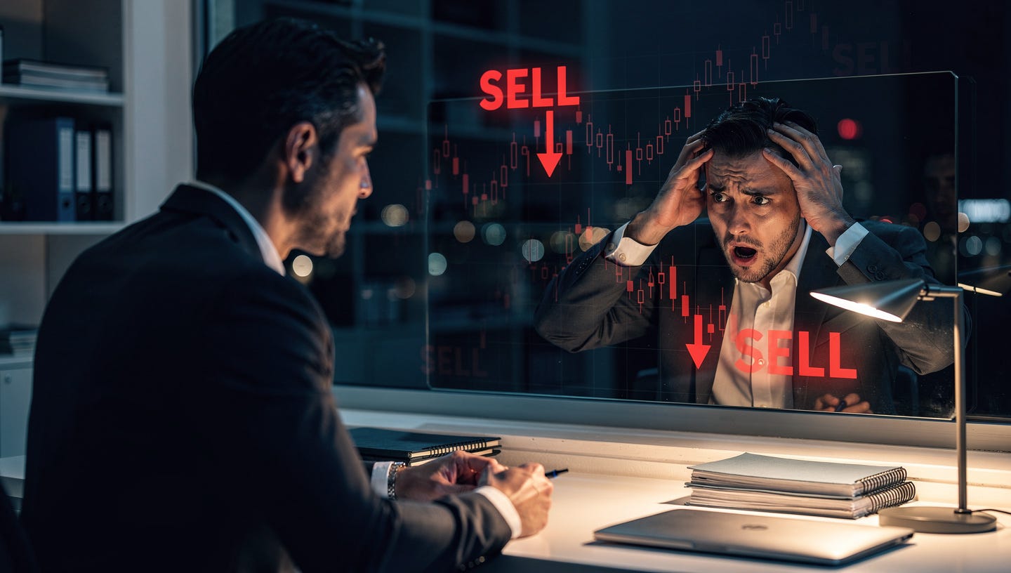 A hyper-realistic, cinematic shot of a man in his 30s sitting in a dimly lit office at night. He is looking into a desk mirror. His physical self is trying to look composed, but his reflection in the mirror shows a version of himself looking terrified and overwhelmed, with his hands on his head in a state of panic. Overlaid on the mirror's reflection, faint glowing red stock market charts and 'SELL' symbols are visible, blurring into the glass. The background is out of focus, showing a clean professional desk. High contrast, moody lighting, shot on Sony A7R IV, 85mm lens, 8k resolution, psychological thriller aesthetic. A hyper-realistic, cinematic shot of a man in his 30s sitting in a dimly lit office at night. He is looking into a desk mirror. His physical self is trying to look composed, but his reflection in the mirror shows a version of himself looking terrified and overwhelmed, with his hands on his head in a state of panic. Overlaid on the mirror's reflection, faint glowing red stock market charts and 'SELL' symbols are visible, blurring into the glass. The background is out of focus, showing a clean professional desk. High contrast, moody lighting, shot on Sony A7R IV, 85mm lens, 8k resolution, psychological thriller aesthetic.