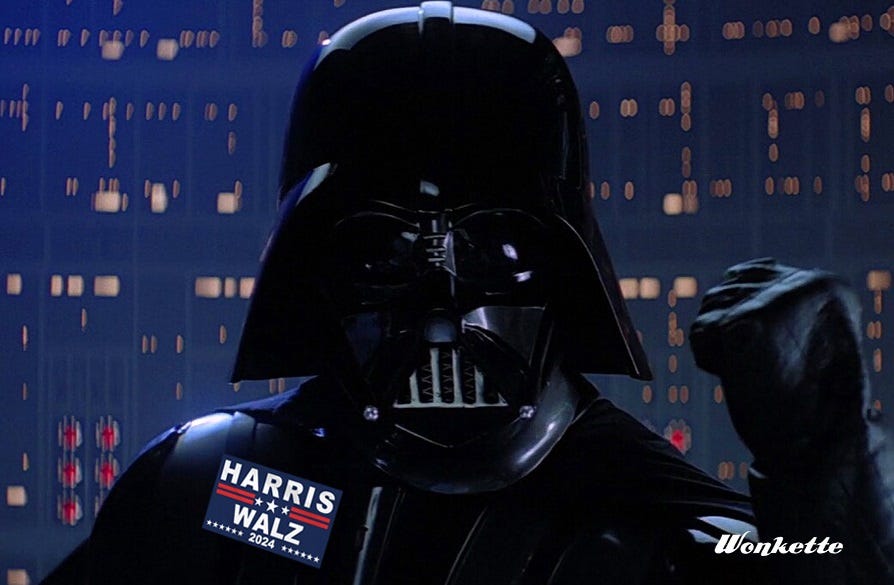 Darth Vader shaking his fist in 'Empire Strikes Back,' with a 'Harris-Walz 2024' sticker photoshopped onto his uniform