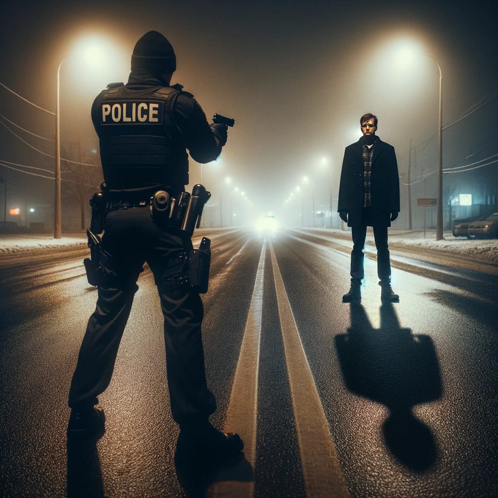 An intense standoff under the cold, sparse lighting of a city at night. A police officer in uniform, embodying authority and readiness, stands on the left side of a wide street, his pistol aimed steadily forward. His stance is wide, indicating preparation and alertness. Across from him, about 10 feet away, a suspect stands isolated, his hands nonchalantly tucked in his coat pockets, exuding a mix of defiance and calm. The distance between them stretches across the dimly lit asphalt, emphasizing the tension and gravity of the situation. Sparse streetlights cast long shadows, enhancing the dramatic atmosphere of this urban confrontation, capturing a moment of suspense and uncertainty.