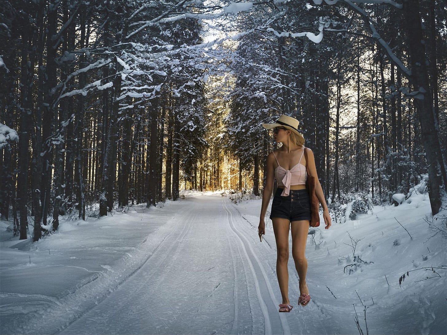 girl wearing summer clothes in the winter