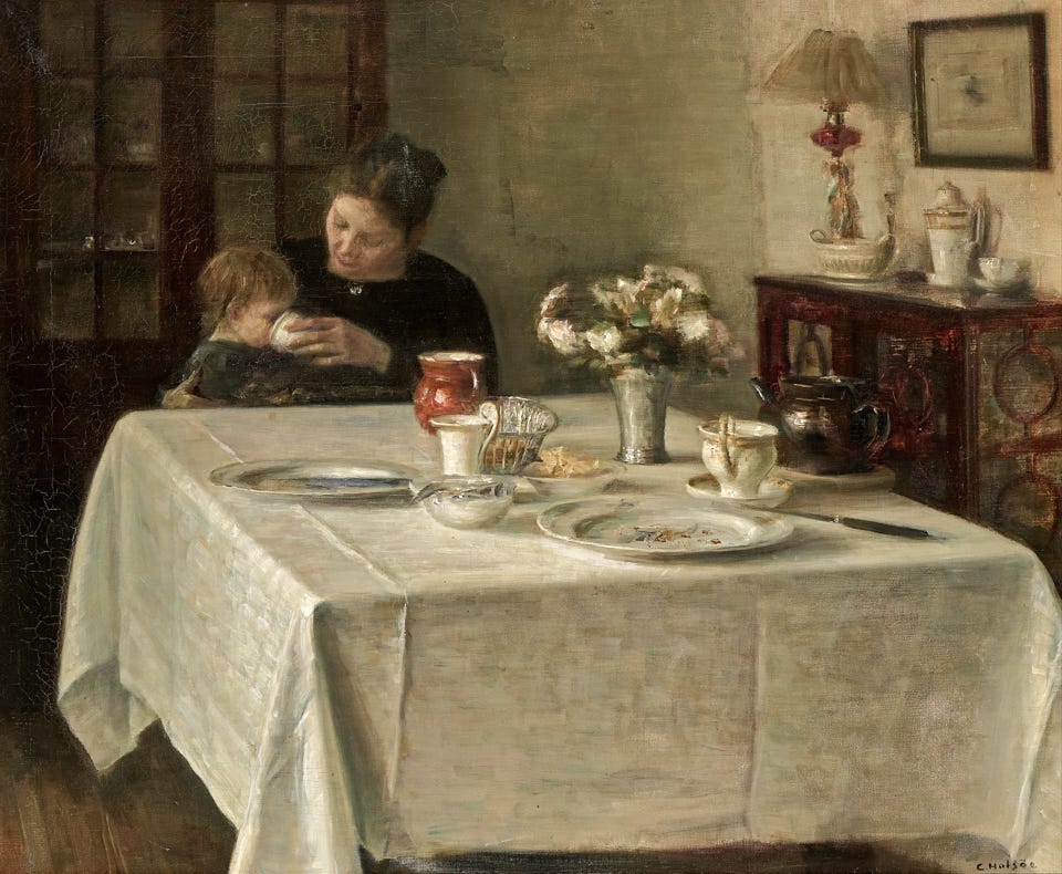 File:Carl Holsøe - Interiør med mor og barn ved morgenbordet.png