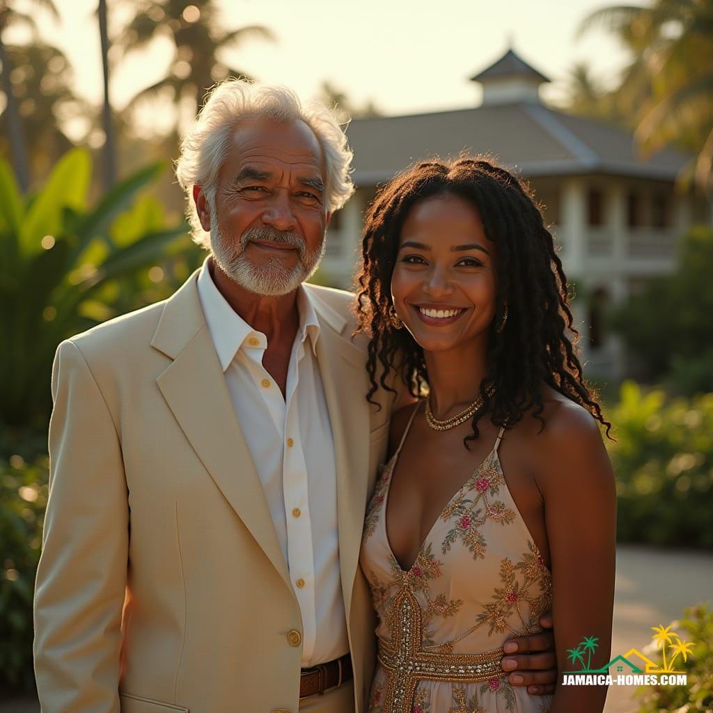 A stately silver-haired white matriarch and her distinguished mixed Black and Chinese husband, resplendent in elegant attire, exuding refinement and warmth, stand alongside a vibrant young mixed-race couple, he with rich dreadlocks and she with fair skin and delicate Caucasian features, both radiating joy and confidence, in front of a breathtaking Jamaican estate, surrounded by lush tropical foliage, as the golden sunlight casts a warm, ethereal glow, evoking a sense of contemplation and new beginnings. Inspired by the cinematic styles of Terrence Malick, Ava DuVernay, and Barry Jenkins, with a warm, filmic color palette, subtle film grain, and nuanced vignette, captured with the cinematic grandeur of 35mm film, and infused with the epic, atmospheric quality of a live-action masterpiece, post-processed to perfection.