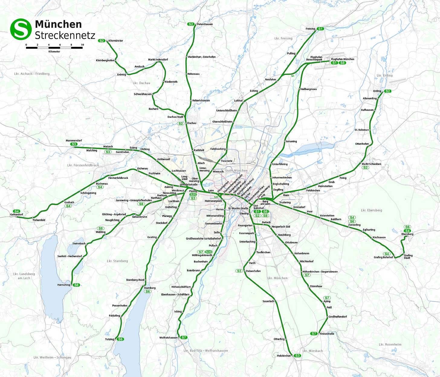 Munich S-Bahn network map, connected via a downtown tunnel. S-Bahn regional routes are consistently balanced (e.g., the S3 trains from Mammendorf or Malsach will always continue through the tunnel and end up at Deisenhofen or Holzkirchen). S-Bahn trains generally share tracks with regional trains that continue beyond the Munich metropolitan area.

Map from Wikipedia: https://en.wikipedia.org/wiki/Munich_S-Bahn#/media/File:Karte_der_S-Bahn_M%C3%BCnchen.png