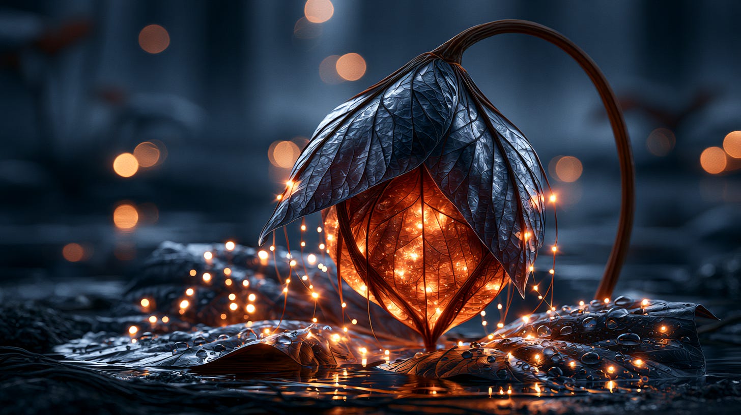 A single unopened flower bud glowing softly from within, resting in a quiet moonlit garden with dew catching the light on nearby leaves, the title Finish Rest Begin Again evoking stillness holding potential before the next opening.