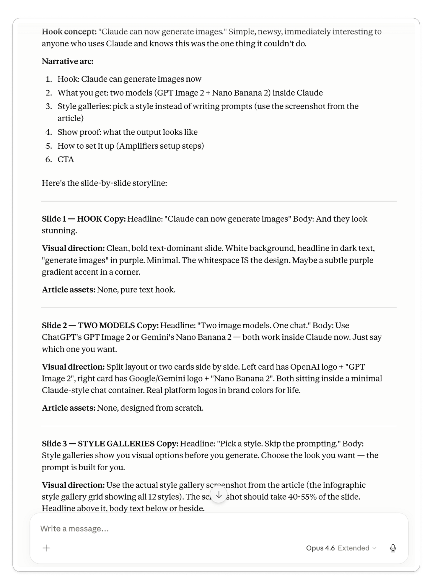 Screenshot of a Claude-powered Instagram carousel creation workflow built with Amplifiers and the Claude Carousel Skill. After approving the carousel concept, Claude generates a complete slide-by-slide storyline including hook strategy, narrative arc, headlines, body copy, visual direction, layout suggestions, and asset recommendations for each carousel slide. The interface shows detailed instructions for typography, composition, screenshots, branding, and visual hierarchy designed to turn a Substack article into a polished branded Instagram carousel with minimal manual design work.