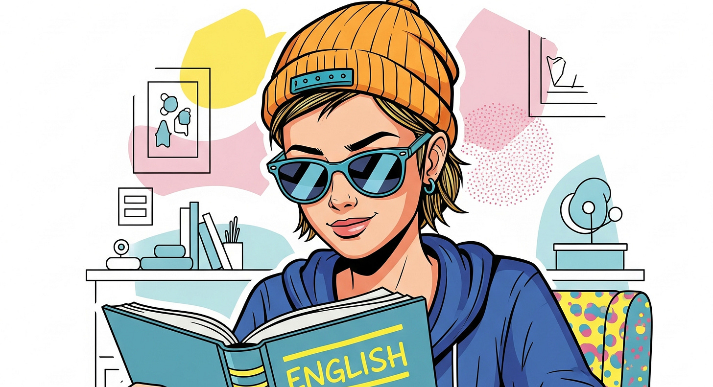 ENGLISHと書かれた本を両手に持って、デスクで勉強している人。中性的な印象。オレンジのニットの帽子を被り、サングラスをしている。 ENGLISHと書かれた本を両手に持って、デスクで勉強している人。中性的な印象。オレンジのニットの帽子を被り、サングラスをしている。