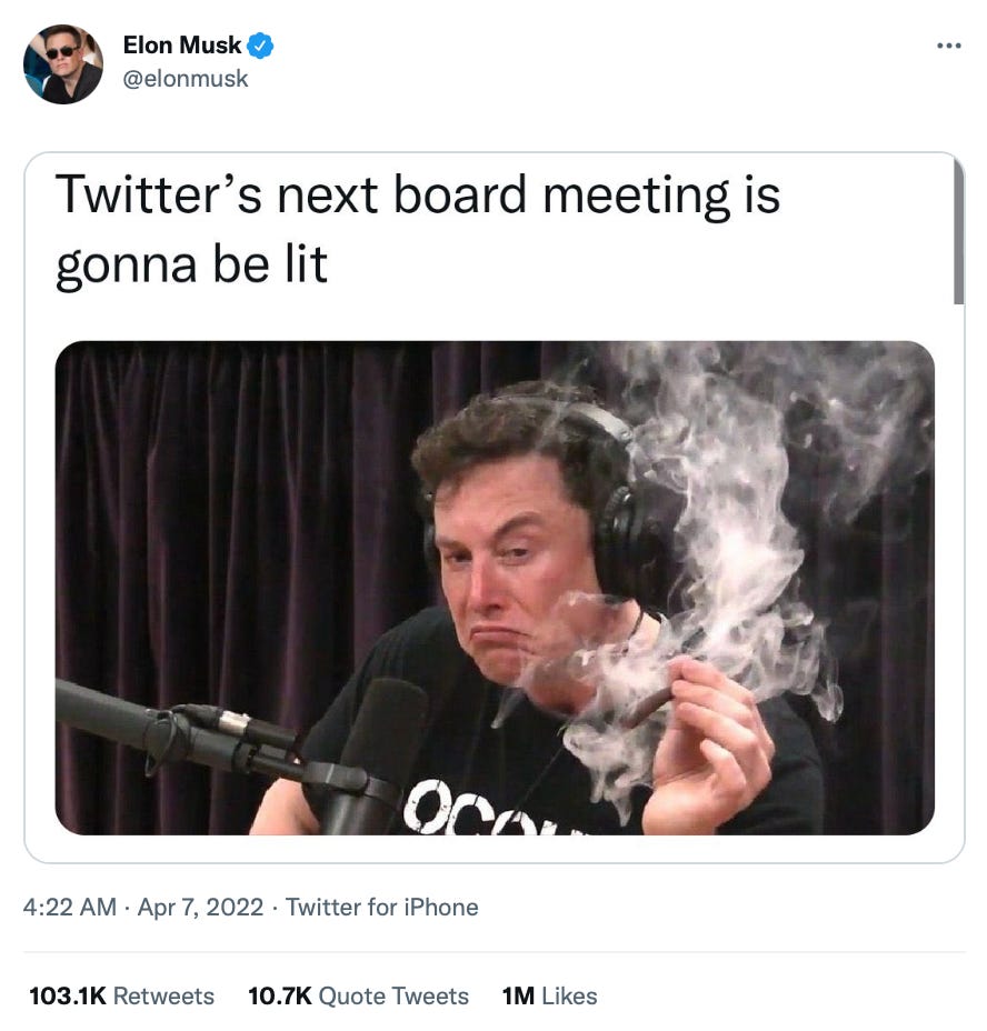 Tweet by @elonmusk saying "Twitter's next board meeting is gonna be lit" Tweet by @elonmusk saying "Twitter's next board meeting is gonna be lit"