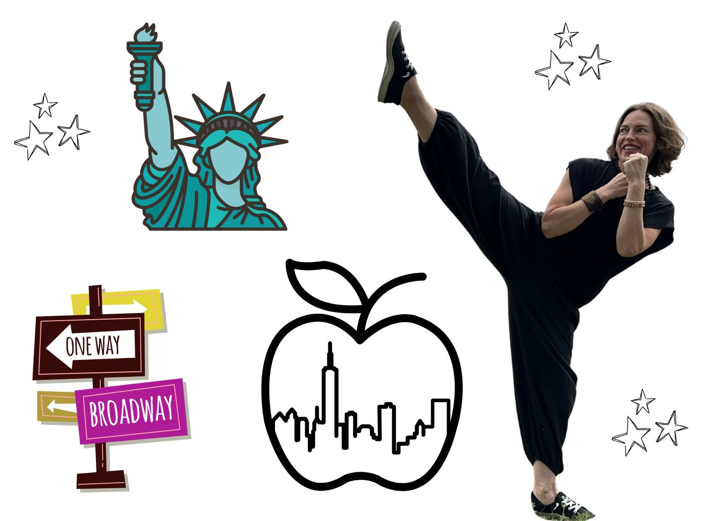 Christina doing a ninja kick next to New York symbols like the Statue of Liberty, a skyline in an apple and a Broadway street sign