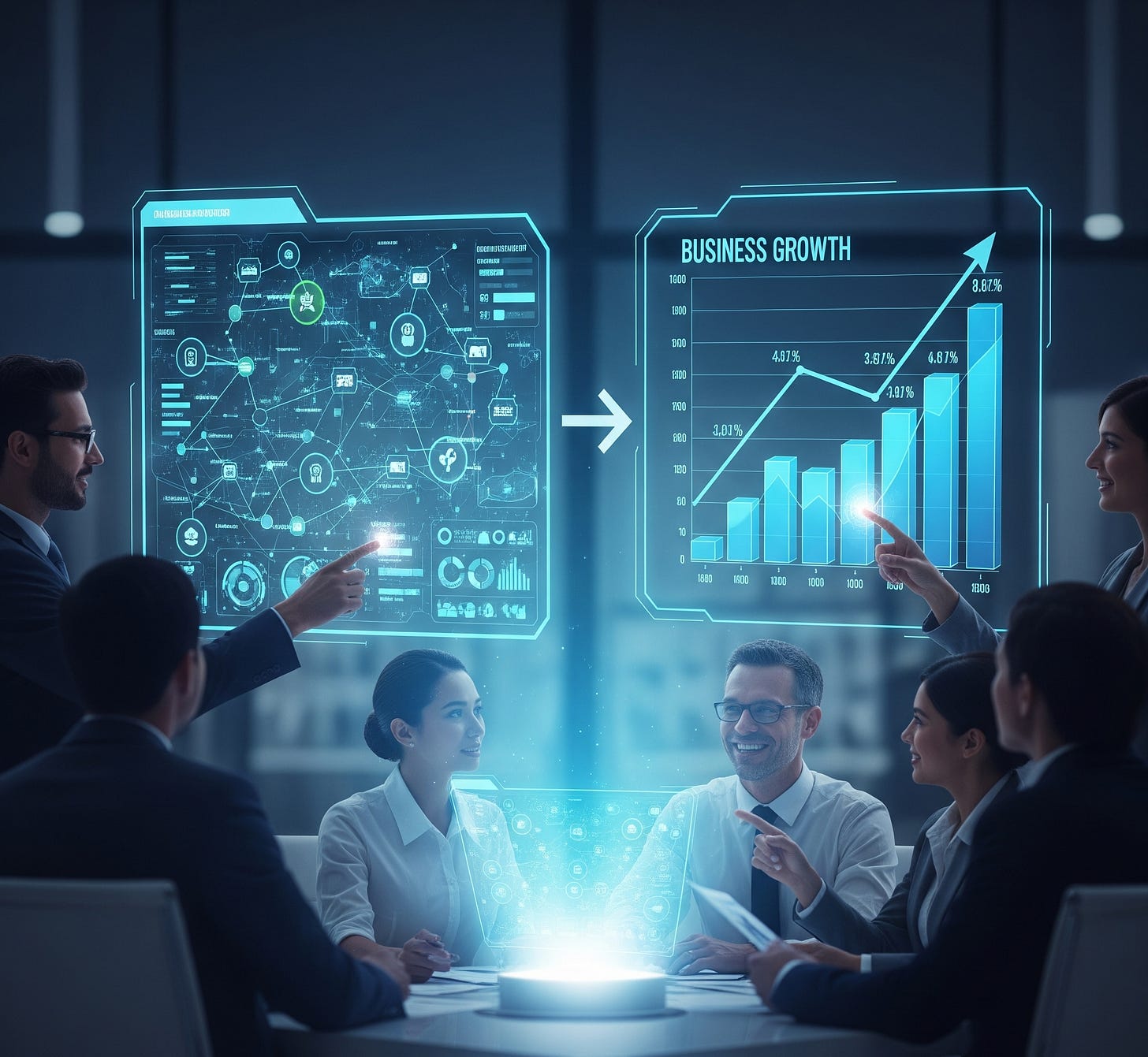 A futuristic, holographic interface displaying complex cybersecurity data transforming into a clear, upward-trending business growth chart. A futuristic, holographic interface displaying complex cybersecurity data transforming into a clear, upward-trending business growth chart.