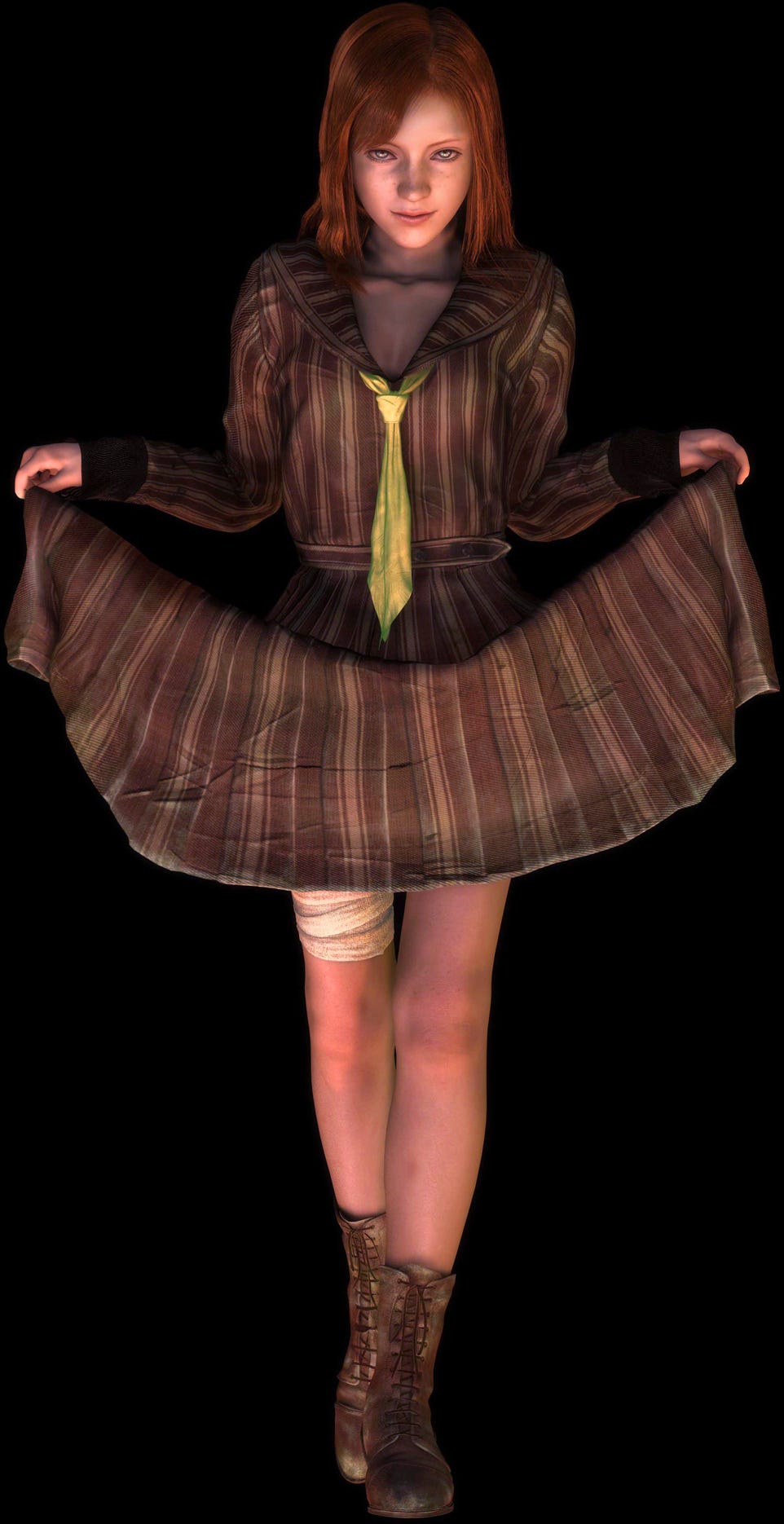 A picture of the character of Diana, the redhead, lifting up her skirt in a curtsey to the extent that it goes up beyond her knees. On her right thigh, we can see a wrapped gauze bandage for reasons unknown.