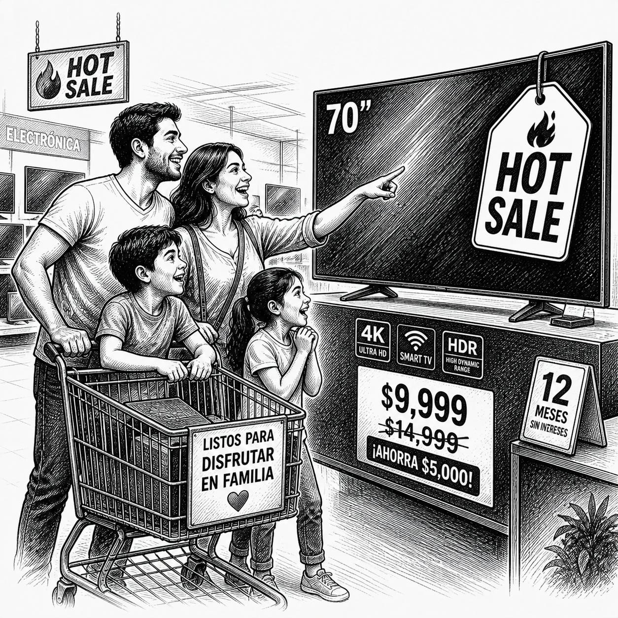 con un estilo visual como el de la imagen adjunta, genera una imagen que represente a una familia mexicana comprando durante el hot sale una pantalla de 70" con un estilo visual como el de la imagen adjunta, genera una imagen que represente a una familia mexicana comprando durante el hot sale una pantalla de 70"