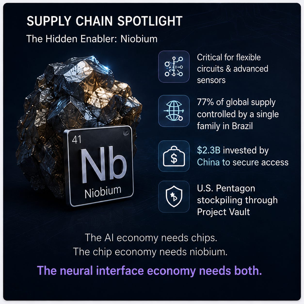 Figure 4. Supply-chain spotlight: niobium and other precision materials sit beneath the neural-interface economy.