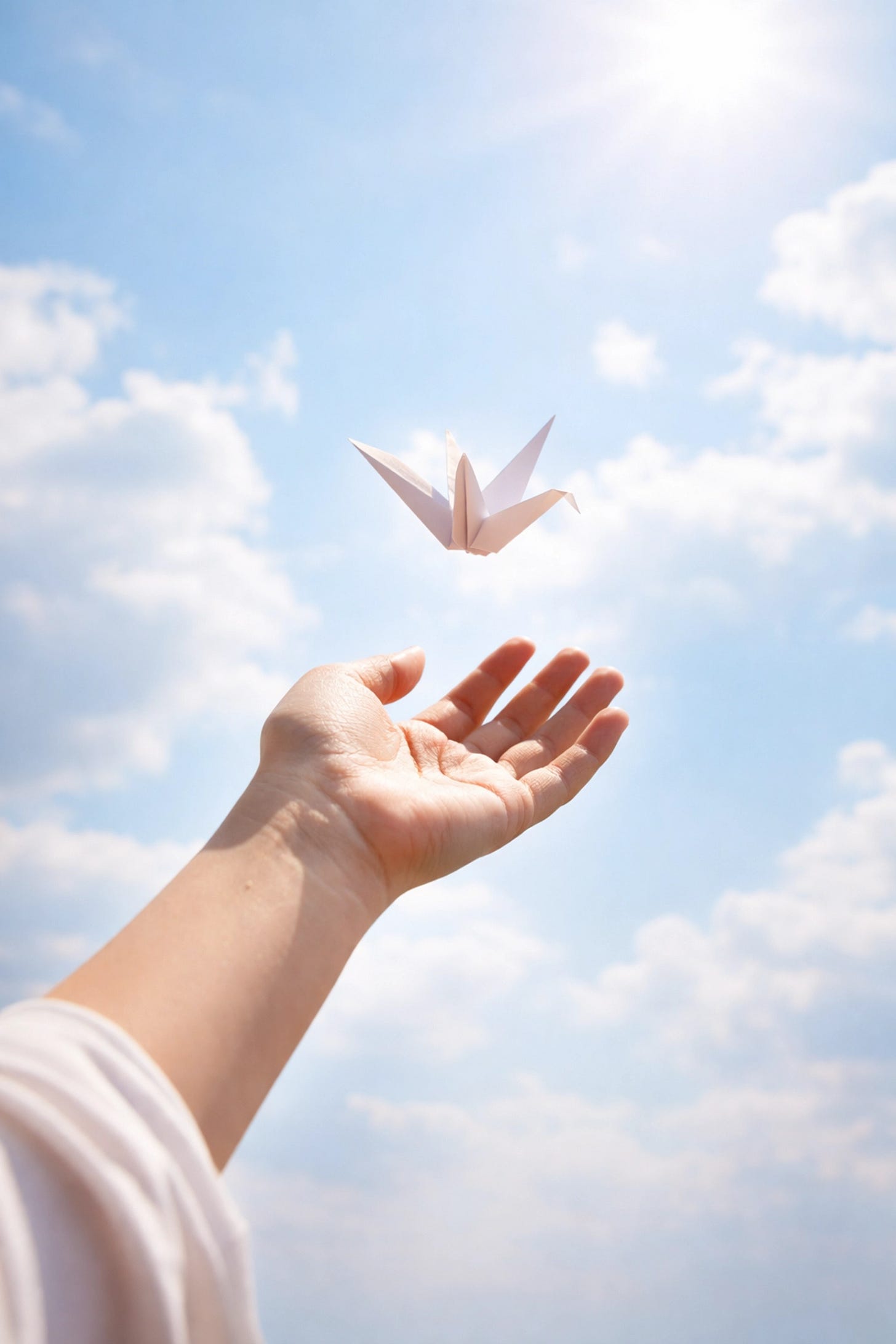 Hand releasing paper crane into sky symbolizing letting go and finding peace after apologizing
