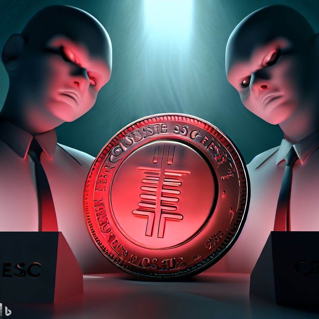 Coinbase Faces SEC Enforcement, a visual representation of the exchange's unanswered proposals, metaphorically showcasing a lack of communication, 3D Rendering, Stylized CGI with photorealistic textures and dramatic lighting
