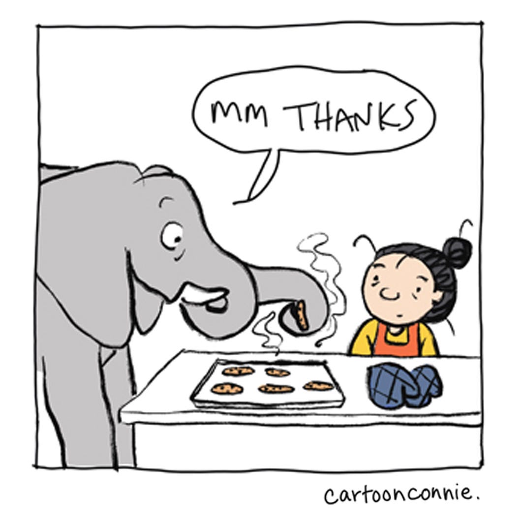 Excerpted panel from a comic strip illustrating a girl with a bun taking a break from social media and baking cookies for an elephant. Original art by Connie Sun, cartoonconnie, 2026.