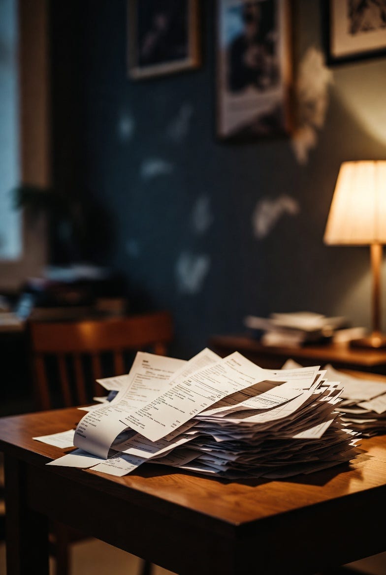 A dimly lit room with a wooden table, receipts, and a warm lamp, evoking a contemplative mood.