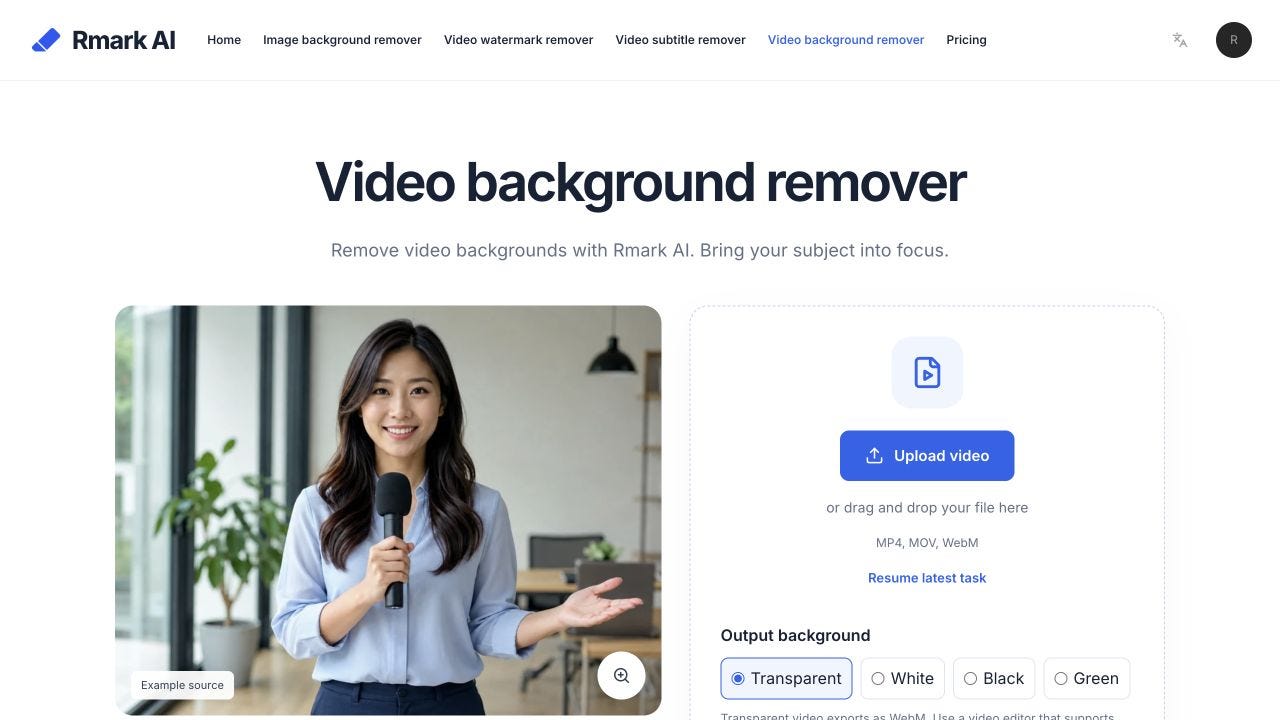 Video background remover with transparent, white, black, and green choices
