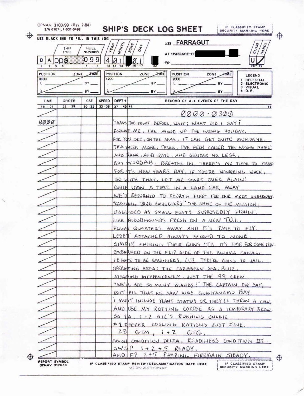 USS Farragut (DDG-99) 2024 New Year's Deck Log Entry Page 1