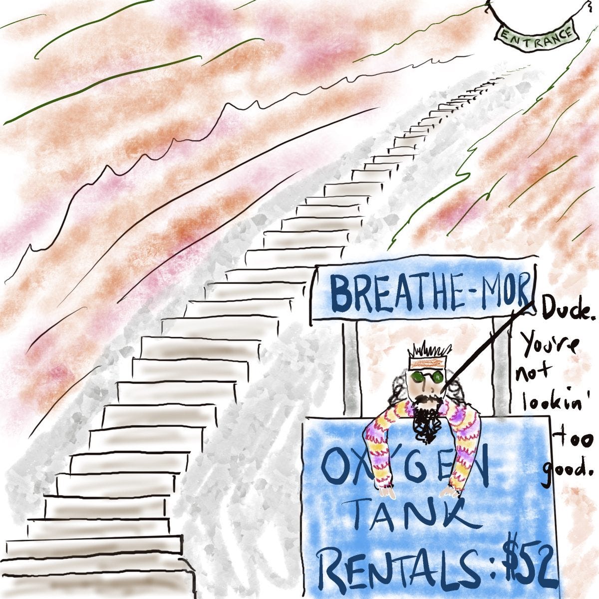 A cartoon drawing of a hippie dude selling oxygen from a blue booth along the stairs at Red Rocks Amphitheatre