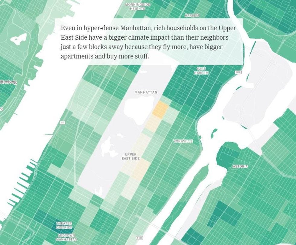 A close-up of the Manhattan map showing higher emissions in the blocks of the city's Upper East Side. Caption: "Even in hyper-dense Manhattan, rich households on the Upper East Side have a bigger climate impact than their neighbors just a few blocks away because they fly more, have bigger apartments and buy more stuff." A close-up of the Manhattan map showing higher emissions in the blocks of the city's Upper East Side. Caption: "Even in hyper-dense Manhattan, rich households on the Upper East Side have a bigger climate impact than their neighbors just a few blocks away because they fly more, have bigger apartments and buy more stuff."
