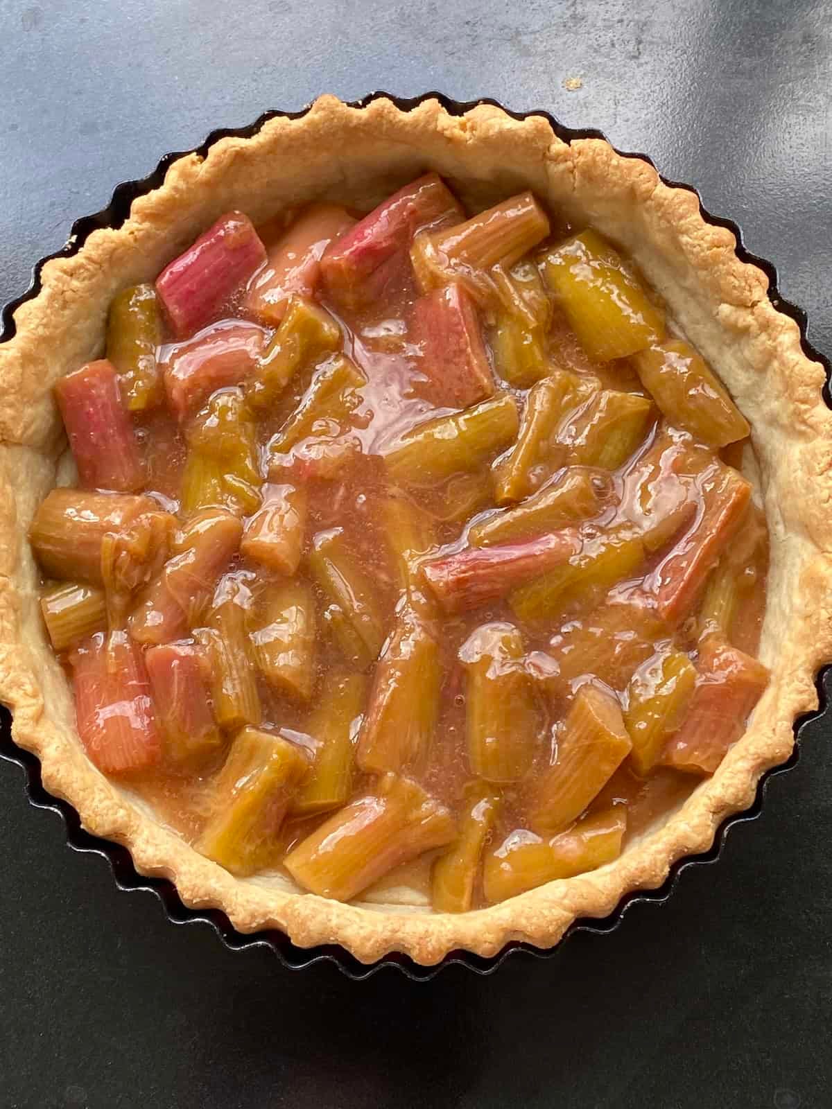 Stewed Rhubarb and apple in a pastry case.