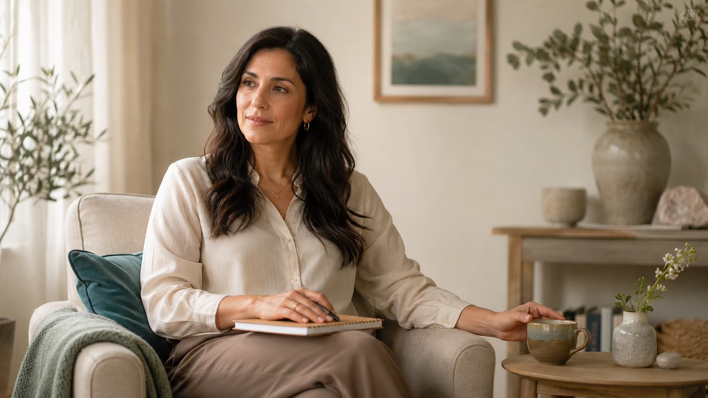 Woman pausing beside a notebook and tea in a calm room, representing reflective EFT practice and emotional specificity.