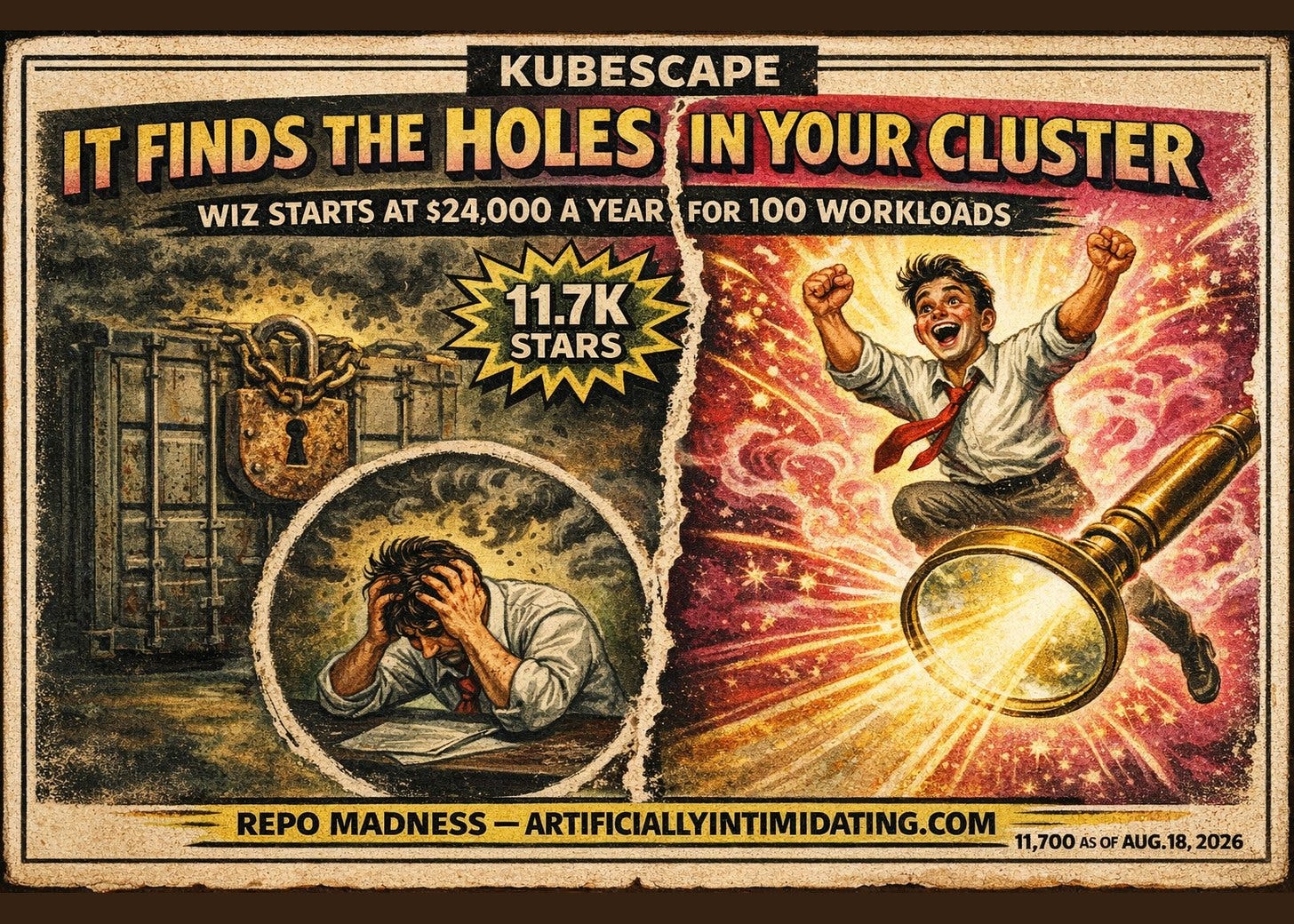 A painted 1930s-style poster split in two. Left: a worker with his head in his hands beside a steel shipping container clamped shut by a rusted padlock. Right: the same man triumphant behind a brass magnifying glass throwing a hard beam of light. Nameplate reads KUBESCAPE.