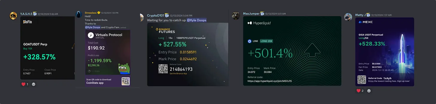 Graphic displaying trading profit percentages from Whale Room members, including 300% on PRCL and 559% on $ONDO Graphic displaying trading profit percentages from Whale Room members, including 300% on PRCL and 559% on $ONDO