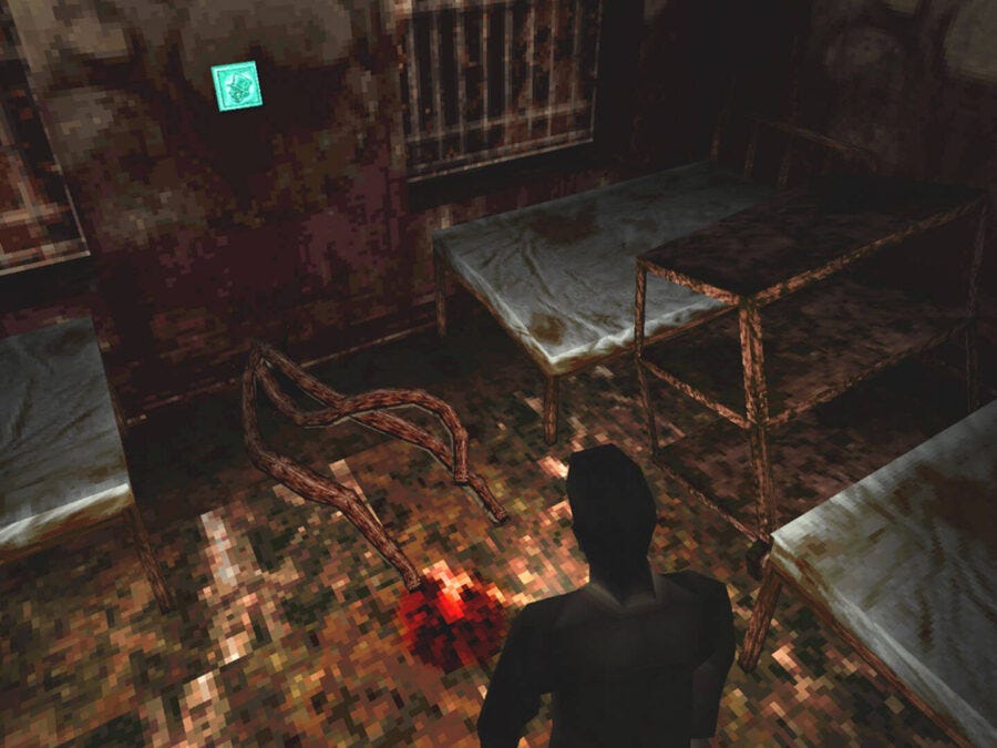 Harry Mason olhando para monstro com tentáculos no Hospital Alchemilla.