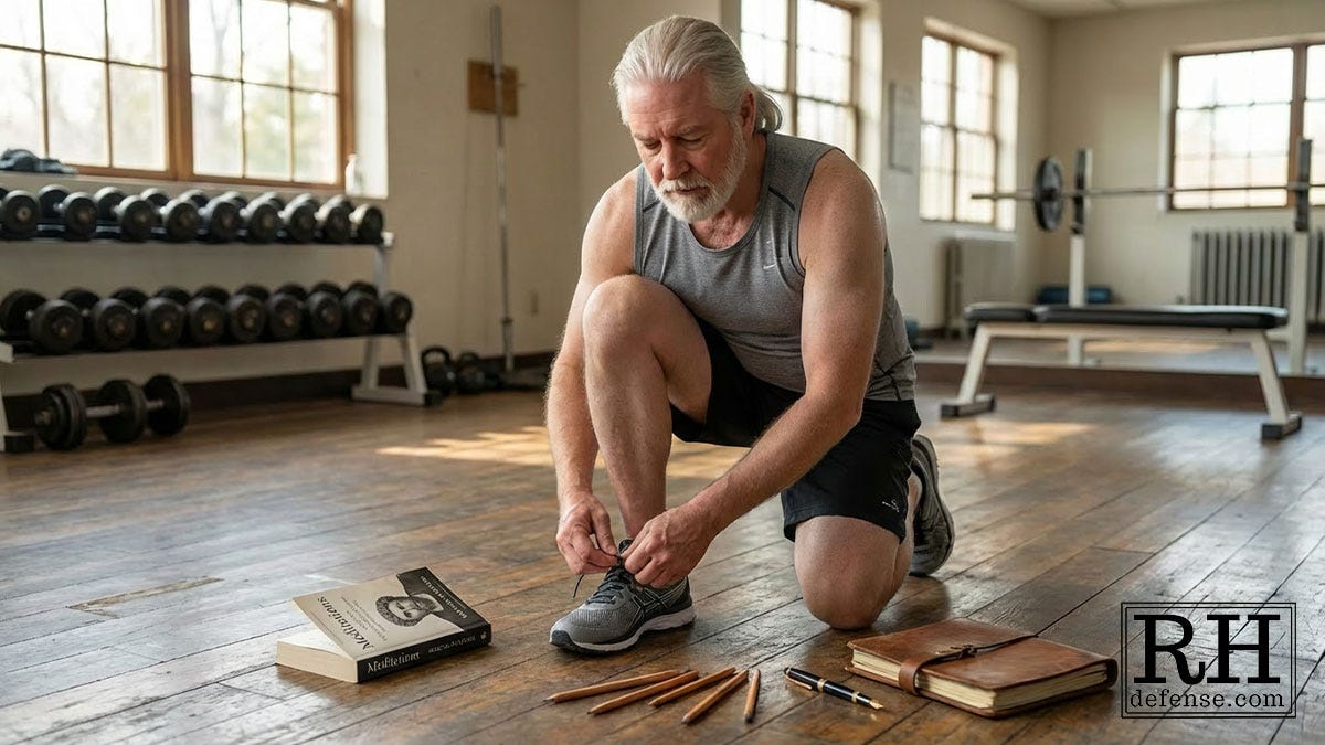 Older man kneeling in a quiet gym tying his shoe, with books, pencils, and a notebook placed on the wooden floor beside him