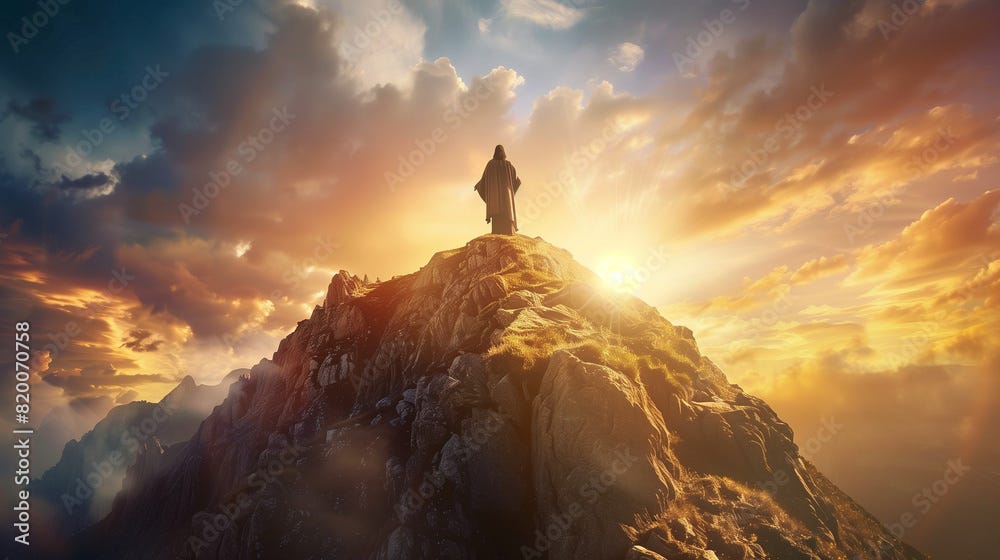 Foto de Jesus on the top of the mountain, worship of god concept, back ... Foto de Jesus on the top of the mountain, worship of god concept, back ...