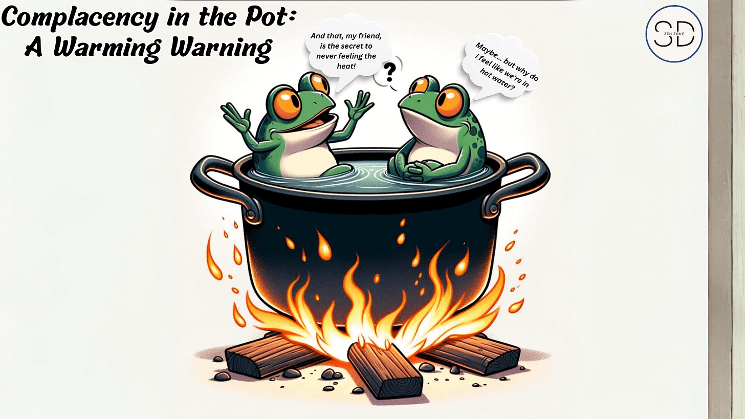 Title image for the article 'Tips to Beat Boiling Frog Syndrome: Individual & Corporate Wins' on SD Zen Zone website, featuring two cartoon frogs in a pot on a fire; one explaining the secret to never feeling the heat, the other questioning why it feels like they're in hot water.