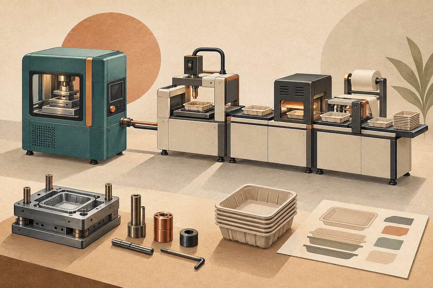 Conceptual illustration of packaging machinery, connected workstations, tooling and a stack of formed trays. Conceptual illustration of packaging machinery, connected workstations, tooling and a stack of formed trays.