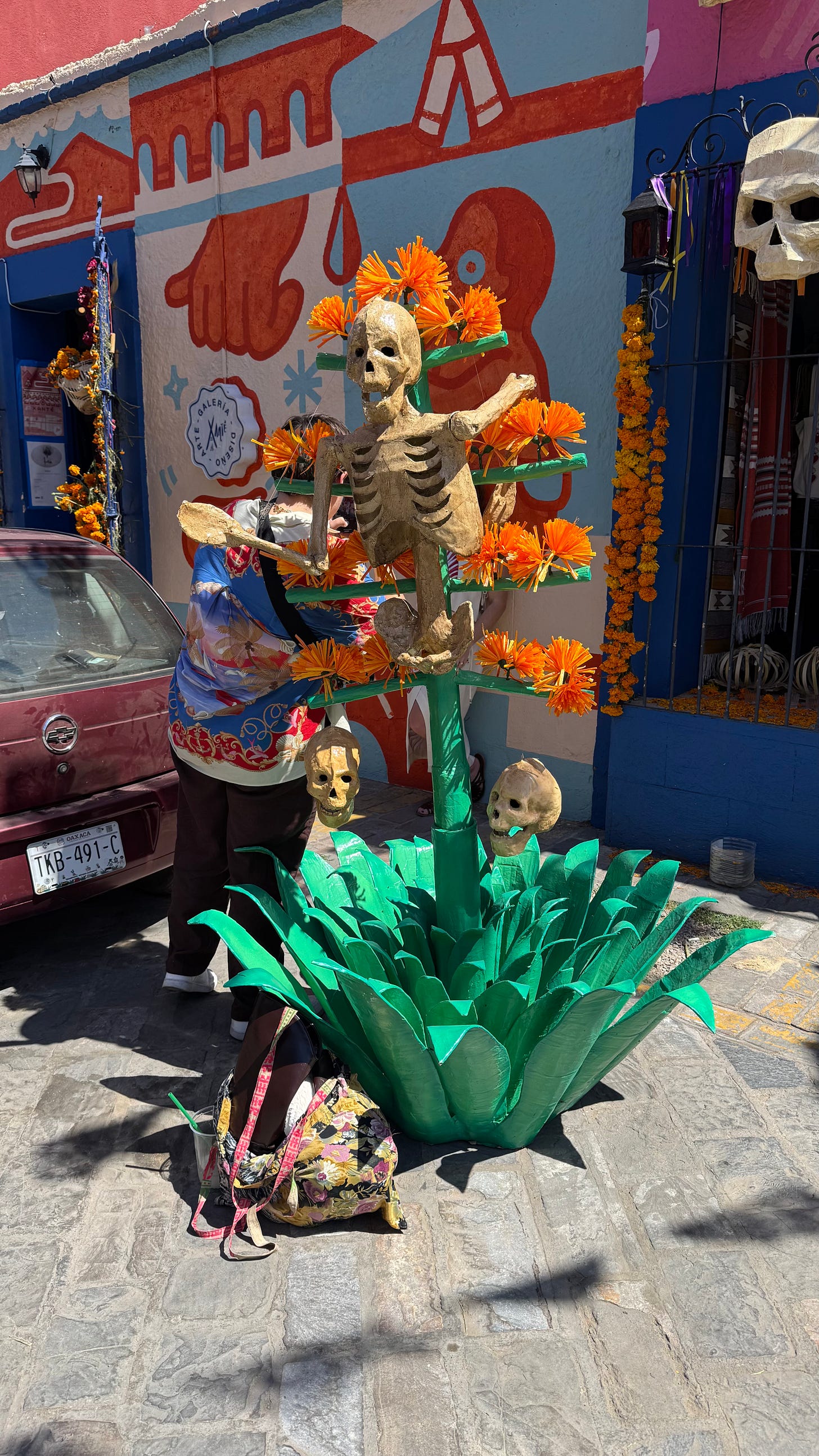 A giant paper mache skeleton combined with an agave.